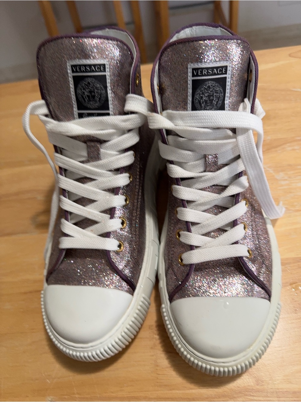 Versace Women's Glitter High-Top Sneakers in Lilac and White
